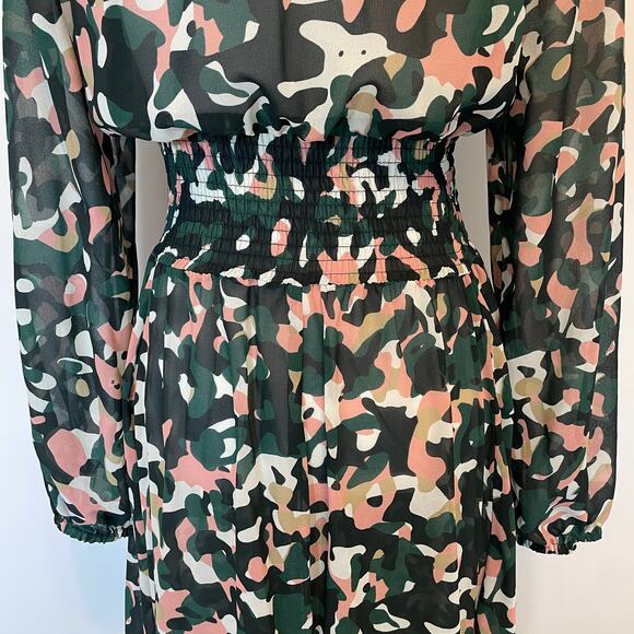 Laurèl by Escada Camo Maxi Dress Women's Small Green Pink Smocked Crochet Lace - Picture 5 of 10